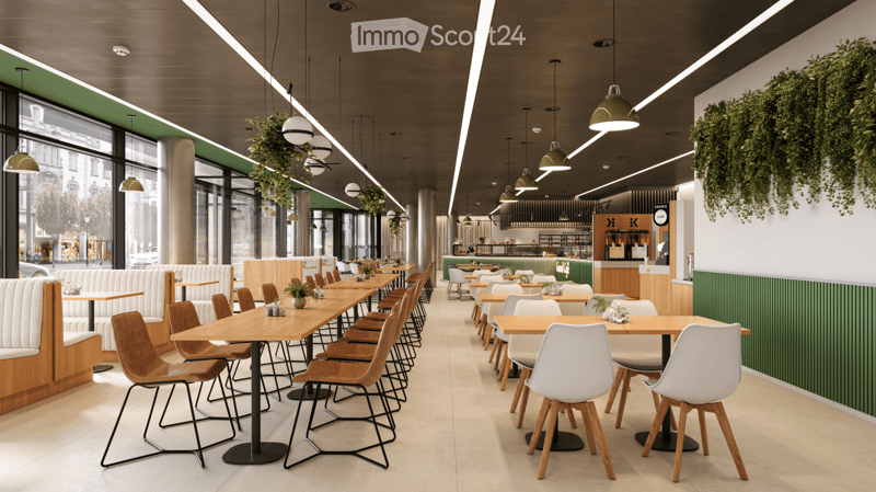 Modern restaurant interior with wooden tables, white and brown chairs, pendant lights, and hanging plants.
