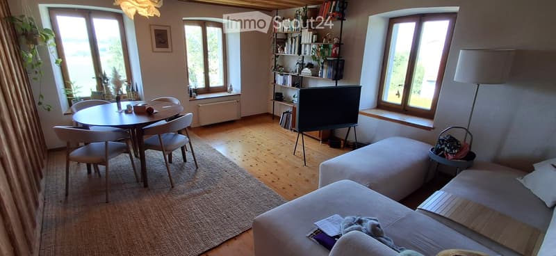 Bright living room with wooden flooring, large windows, a sofa, a dining table with chairs, a bookshelf, and a television. The room is decorated with a floor lamp, a side table, and various plants.