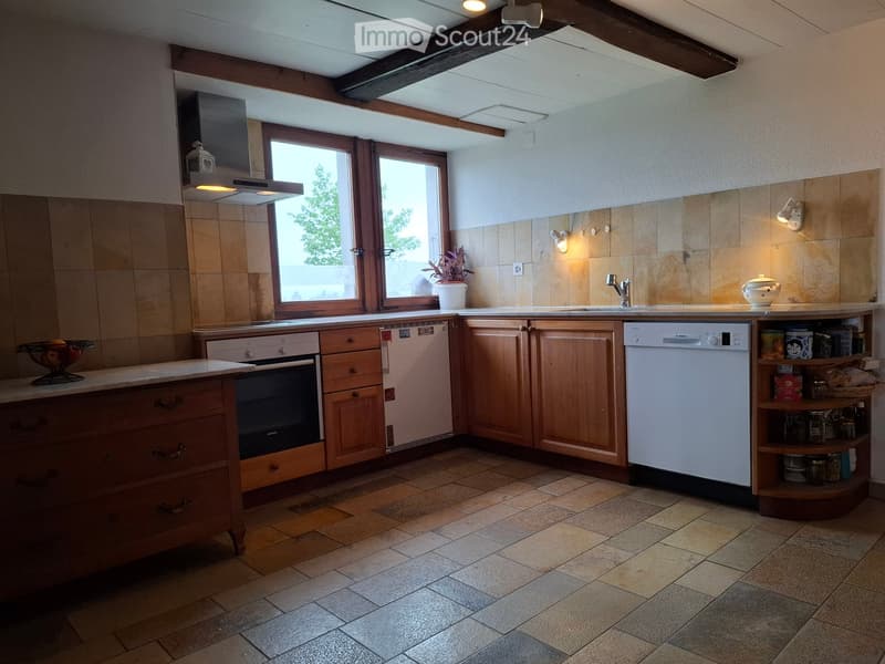 Cozy kitchen with wooden cabinets, tiled floor, and modern appliances including an oven, dishwasher, and sink. Features a fruit bowl, teapot, and potted plant on the counter.