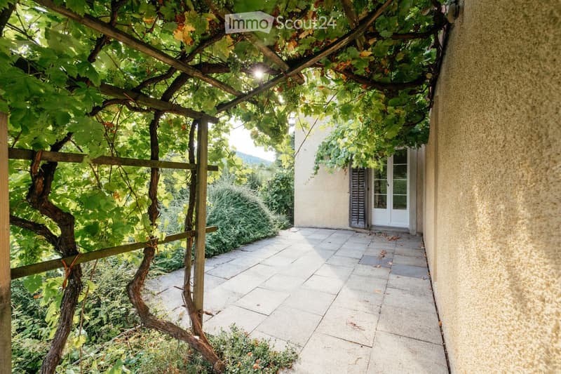 A covered outdoor area with a wooden pergola, grapevines, tiled floor, and a white door leading to a building.