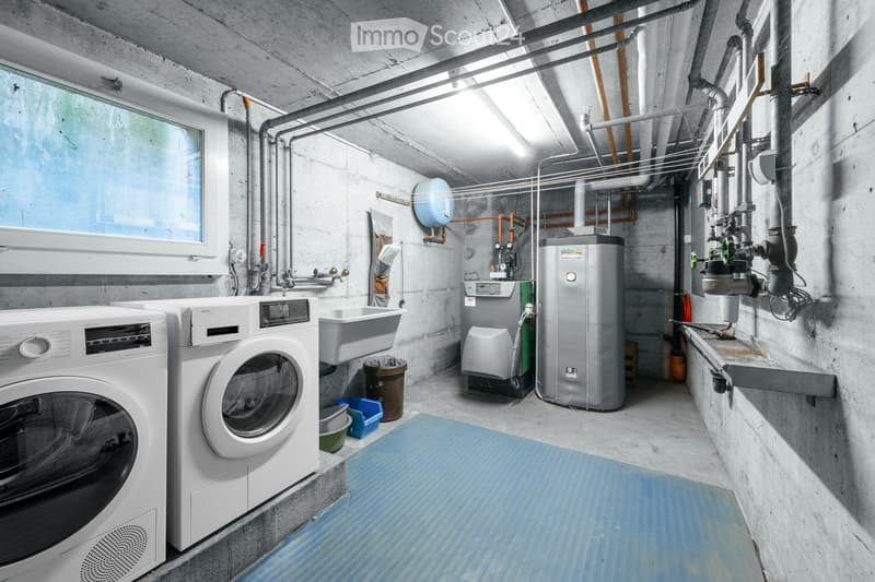Utility room with washing machine, dishwasher, water heater, sink, and exposed pipes.