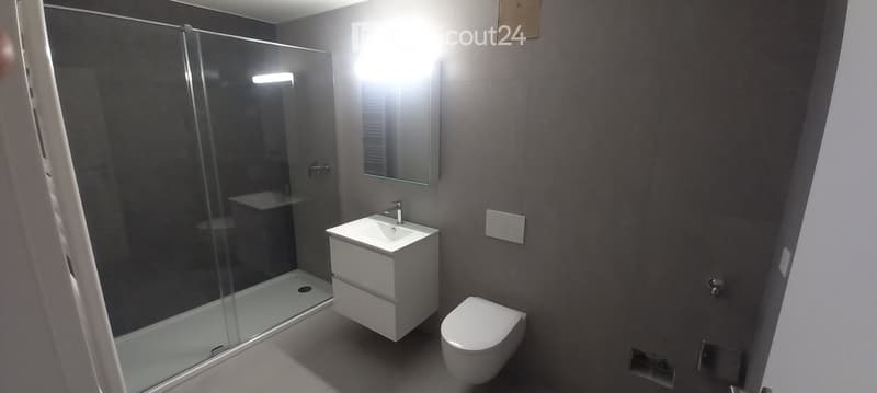 Modern bathroom with dark grey walls, white fixtures, a glass-enclosed shower, a sink with a mirror, and a toilet.