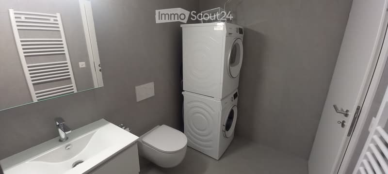 Modern bathroom with a sink, toilet, stacked washing machine, mirror, and radiator.