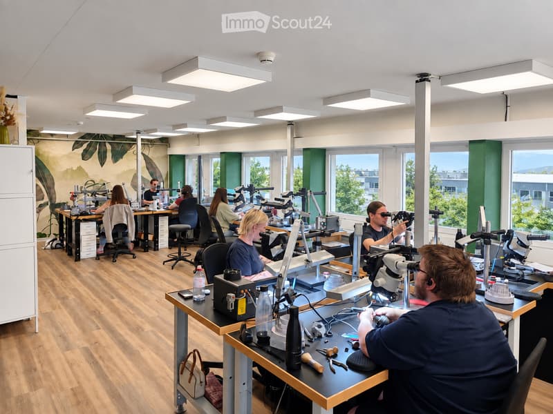 Bright, modern workspace with multiple desks, chairs, microscopes, laptops, and various tools. Large windows provide natural light, and the room features a polished wooden floor and white walls.