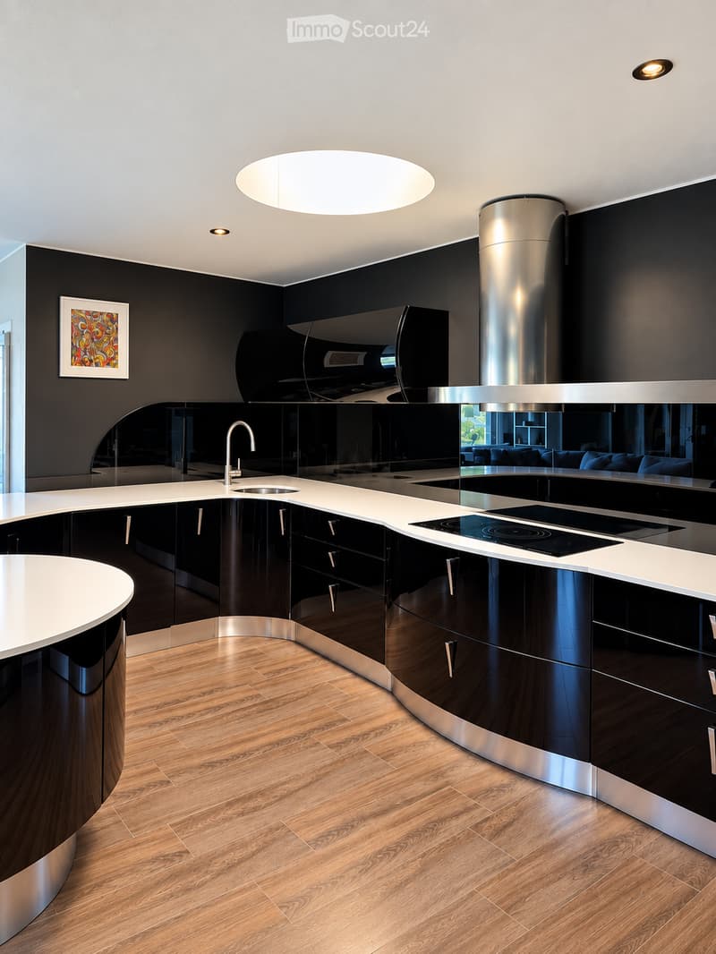 Modern kitchen with black and white cabinets, a central island, induction cooktop, and a sleek range hood. The space features a polished wooden floor and recessed lighting.