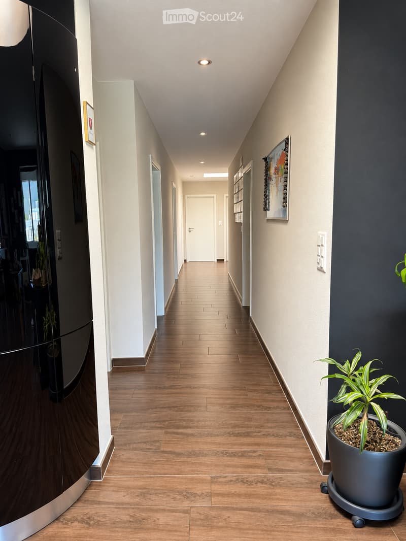 Modern hallway with wooden flooring, recessed lighting, and neutral-colored walls. Features a large potted plant on the right and framed artwork on the walls.