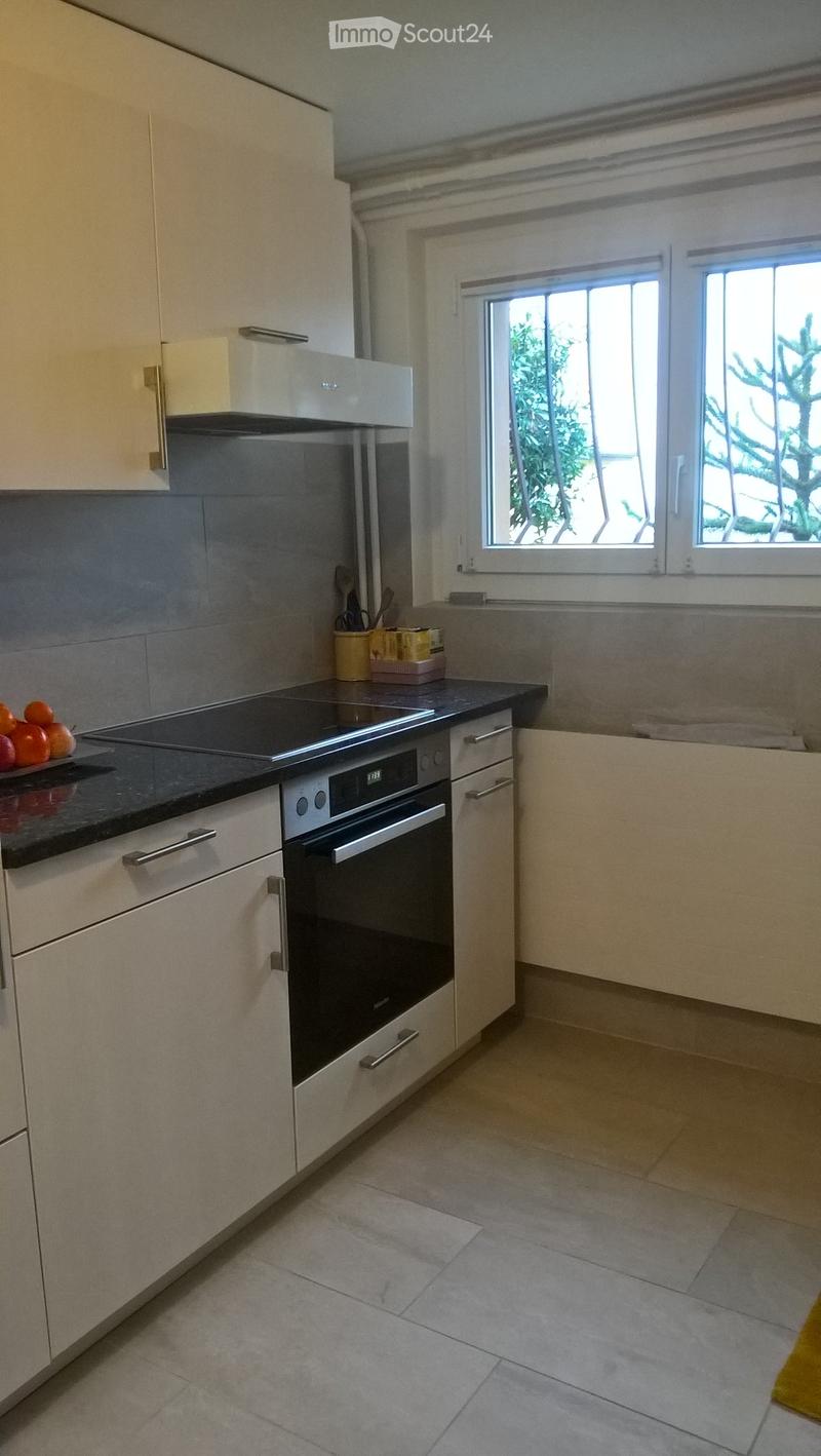 Modern kitchen with light-colored cabinets, an induction cooktop, and an oven. The countertop holds a fruit bowl with oranges and apples, and there are windows letting in natural light.