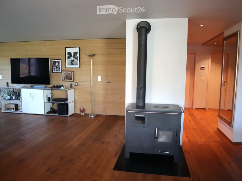 Modern living room with wooden flooring, fireplace, television, cabinet, floor lamp, and picture frames on the wall.