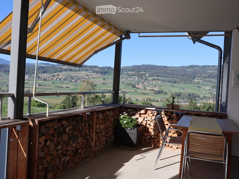 Balcony with a scenic countryside view, wooden table, chairs, potted plant, and stacked firewood.