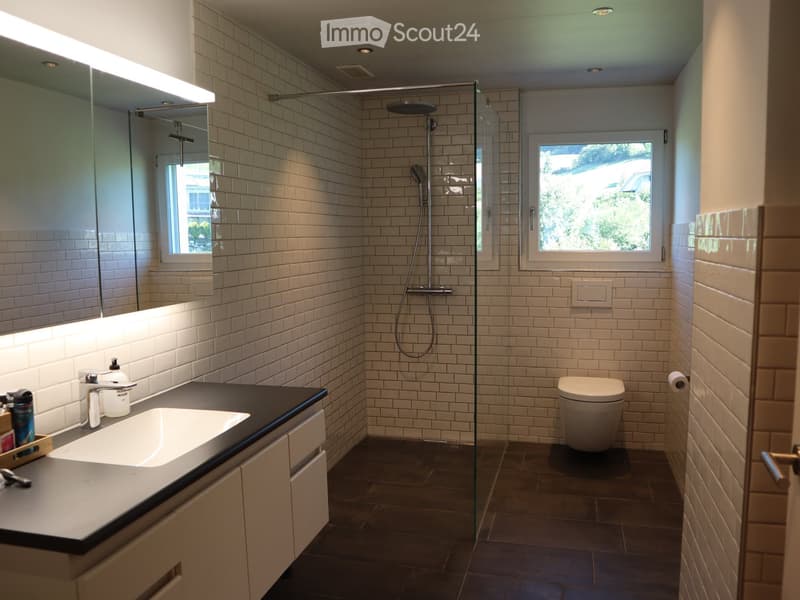 Modern bathroom with white tiled walls, a glass-enclosed shower, a sink with a modern faucet, and a toilet. The space features built-in cabinets and a large mirror with integrated lighting.