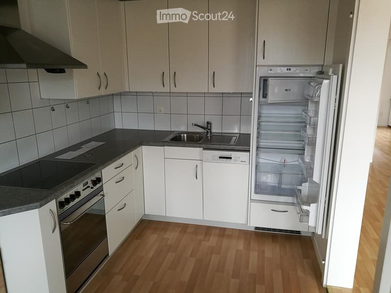 Modern kitchen with white cabinets, stainless steel appliances, and wooden flooring.