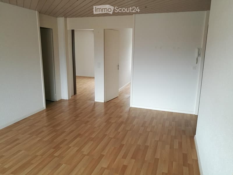 Empty hallway with wooden flooring, white walls, and several doors leading to other rooms.