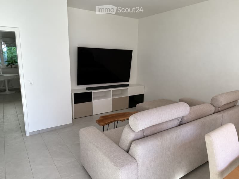 Modern living room with a grey sofa, wooden coffee table, TV stand, and large flat-screen TV mounted on the wall.