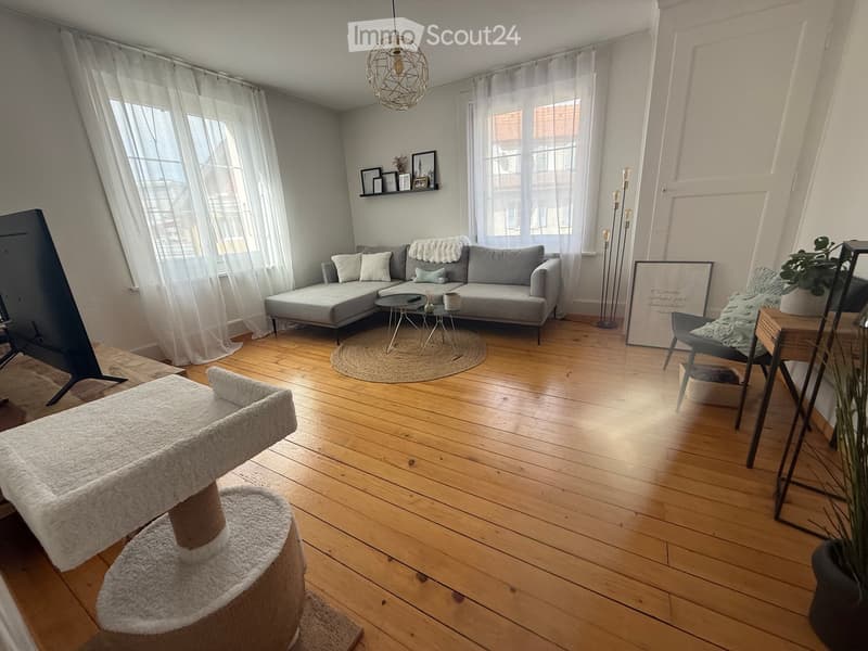 Modern living room with wooden flooring, large windows, grey sectional sofa, coffee table, cat tree, and decorative items.