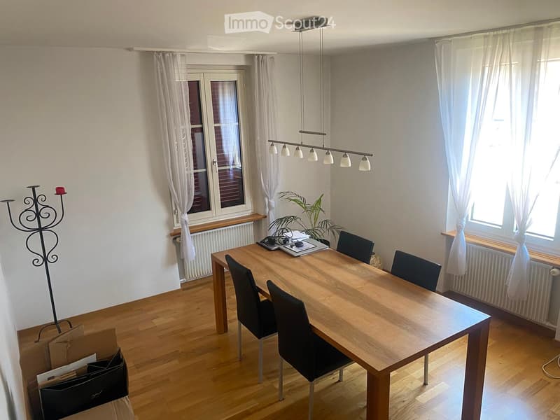 Bright dining room with wooden floor, large windows, white curtains, dining table with chairs, pendant lighting, and a decorative plant.