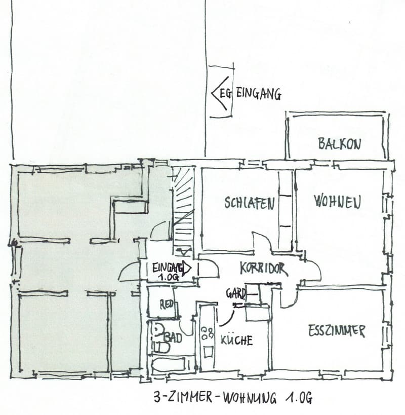 Floor plan of a 3-room apartment on the first floor, including living room, bedroom, kitchen, bathroom, hallway, balcony, and entrance.