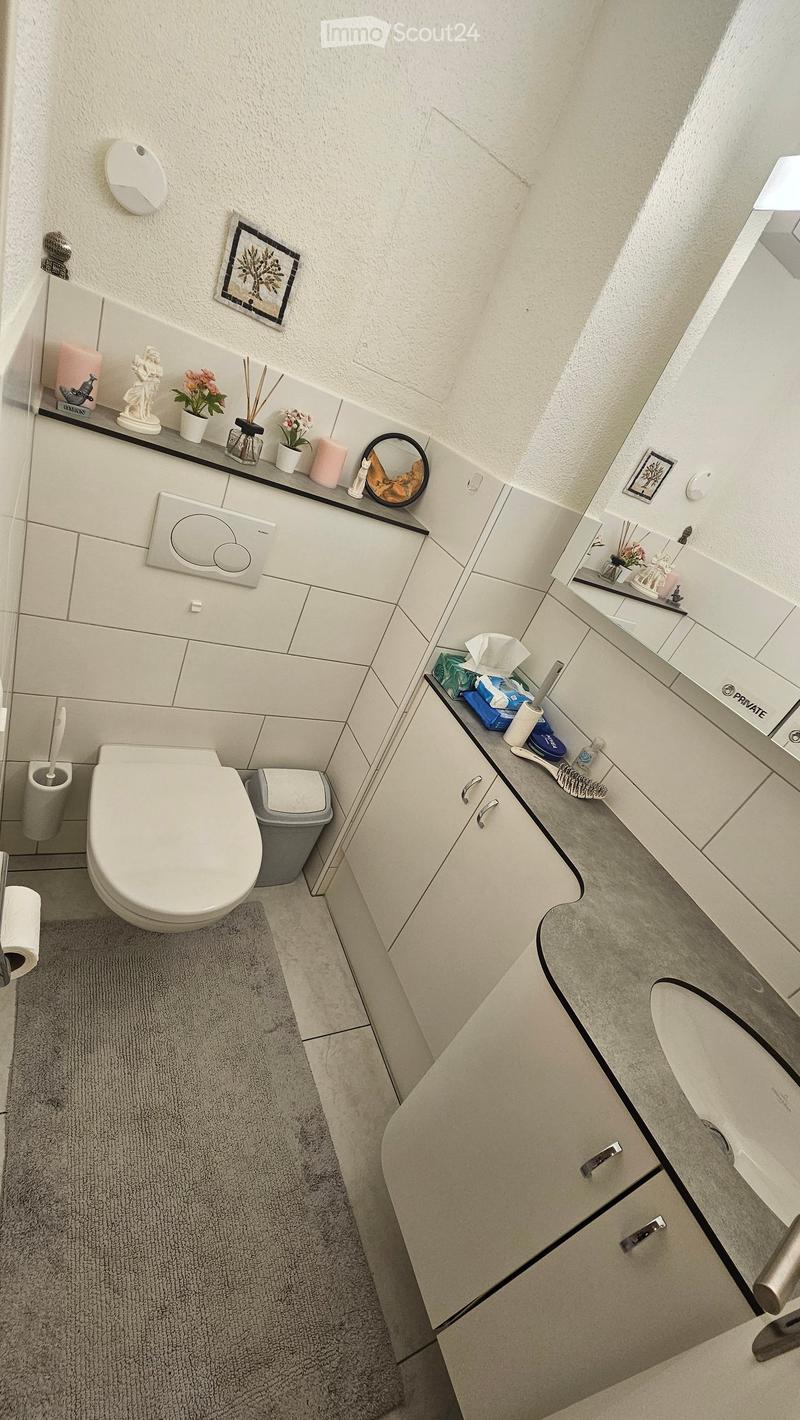 Modern bathroom with white tiles, a toilet, sink, mirror, and various toiletries. Features a grey trash bin, a small rug, and decorative items on the counter.