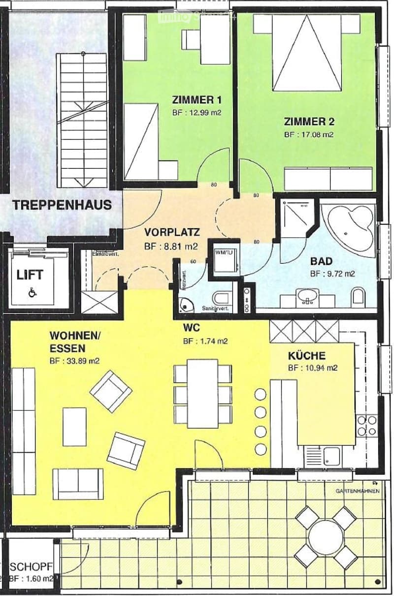 Floor plan of a residential space with labeled rooms including living/dining area, kitchen, two bedrooms, bathroom, WC, entrance area, staircase, and elevator.
