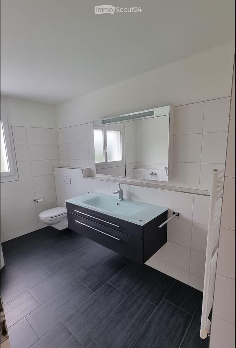 Modern bathroom with white tiled walls, dark grey tiled floor, a large sink with a modern faucet, a large mirror above the sink, and a toilet in the corner.