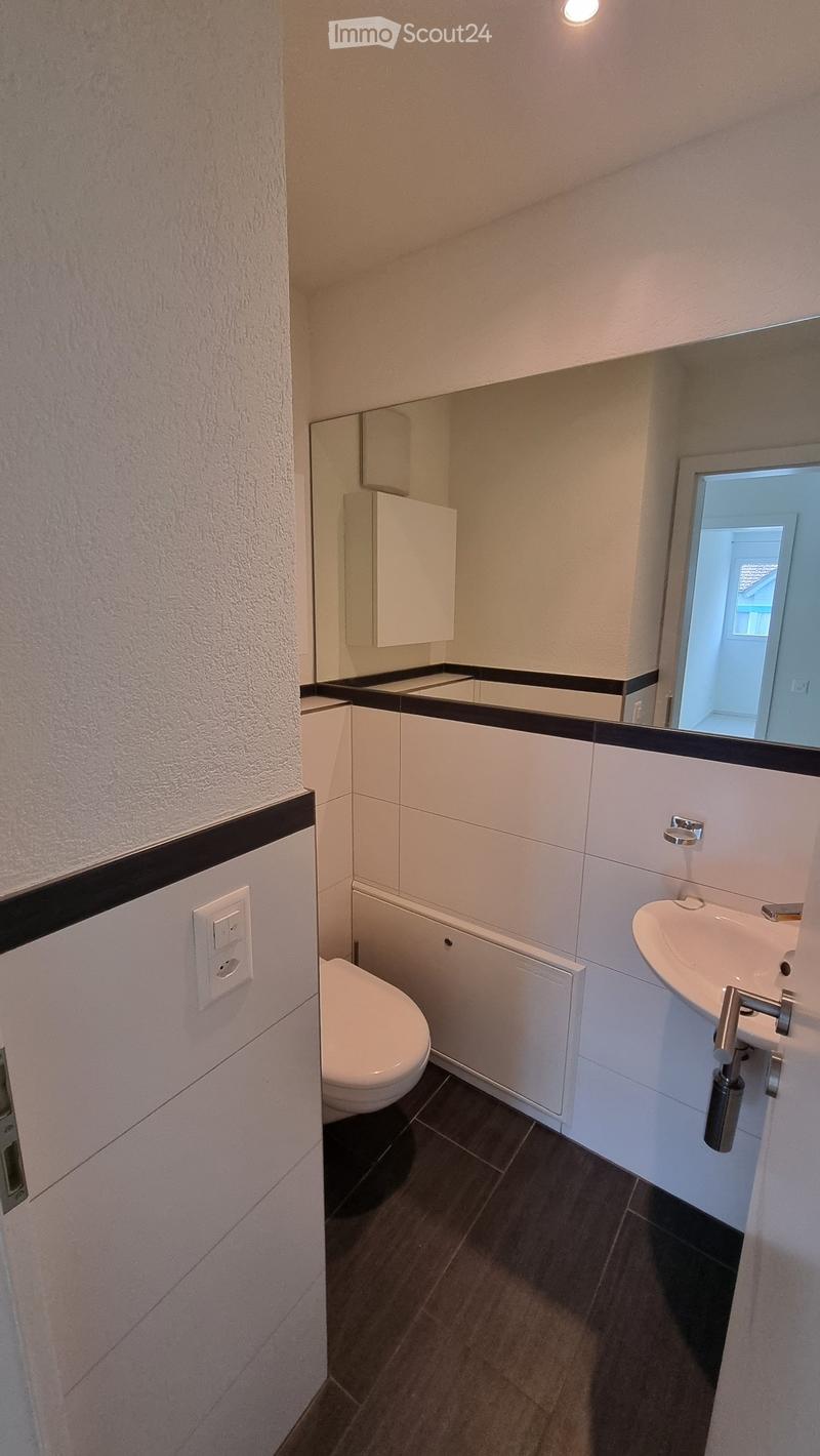 Modern bathroom with white cabinets, a toilet, a sink, and a mirror above the sink. The floor is dark tiled, and the walls are white with black trim.