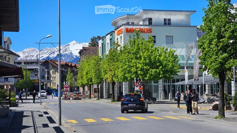 City street, buildings, parked cars, trees, mountain view in the background, people walking