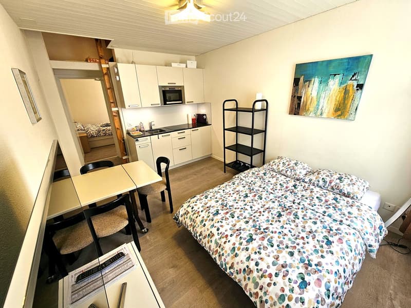 Compact studio apartment with a bed, small table, chairs, kitchen area with cabinets and microwave, and a shelf with items.