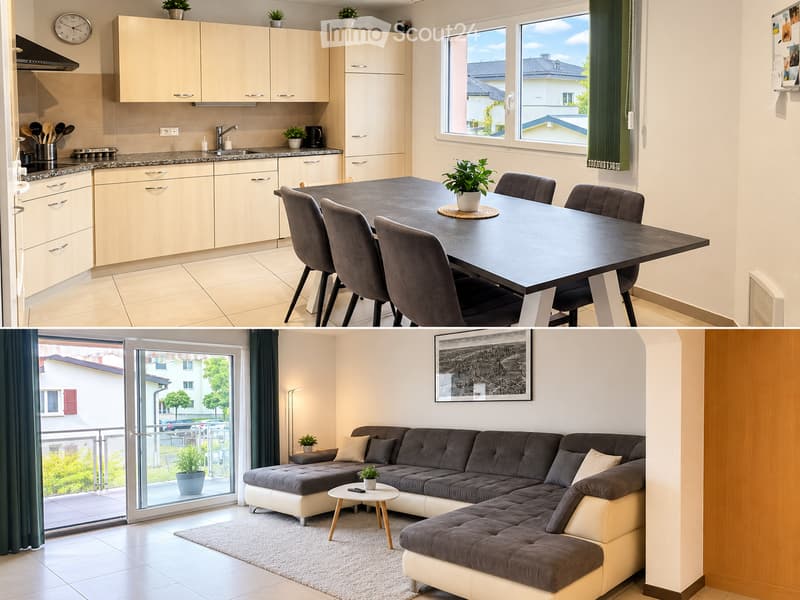 Modern, open-plan living and dining area with a grey sectional sofa, coffee table, dining table with chairs, and a fully equipped kitchen with cabinets, sink, and appliances. Large windows offer a view of the neighborhood.