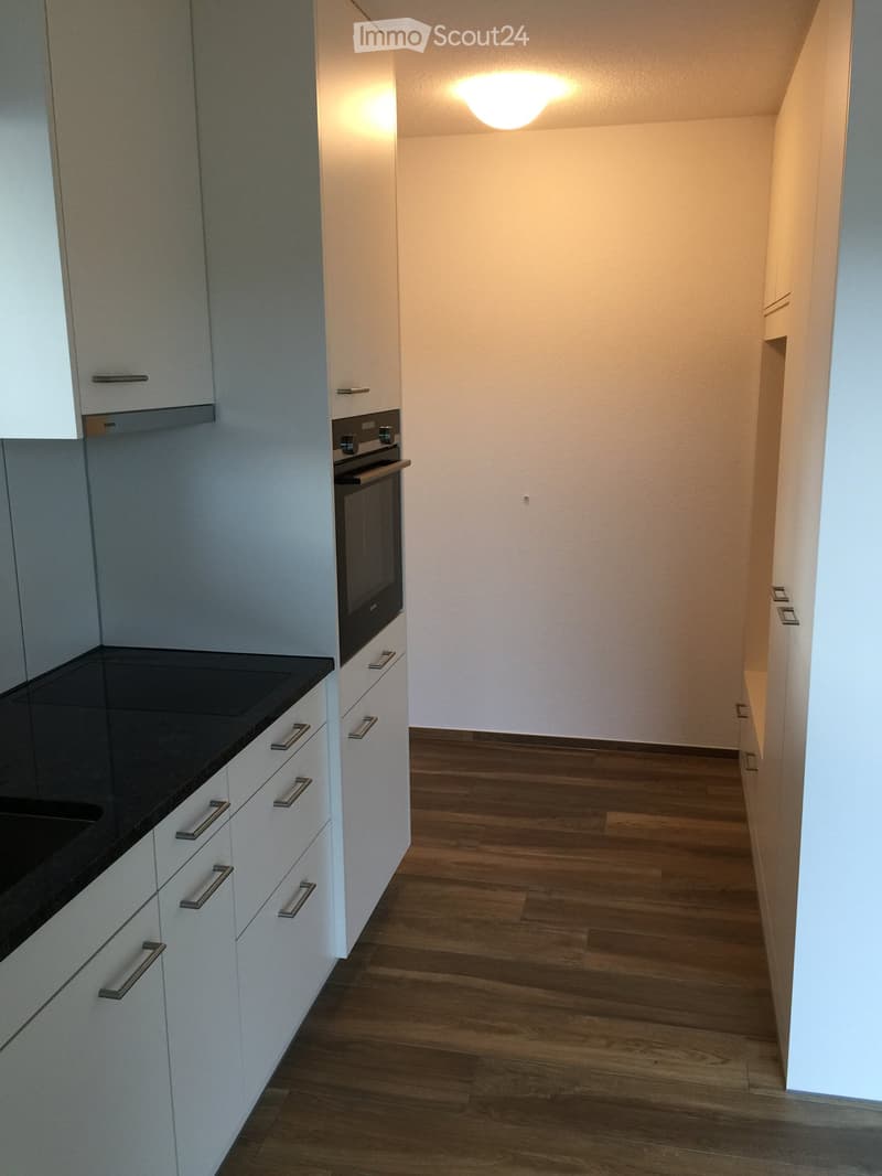 Modern kitchen with white cabinets, a black countertop, and a built-in oven. The floor is made of light wooden planks.