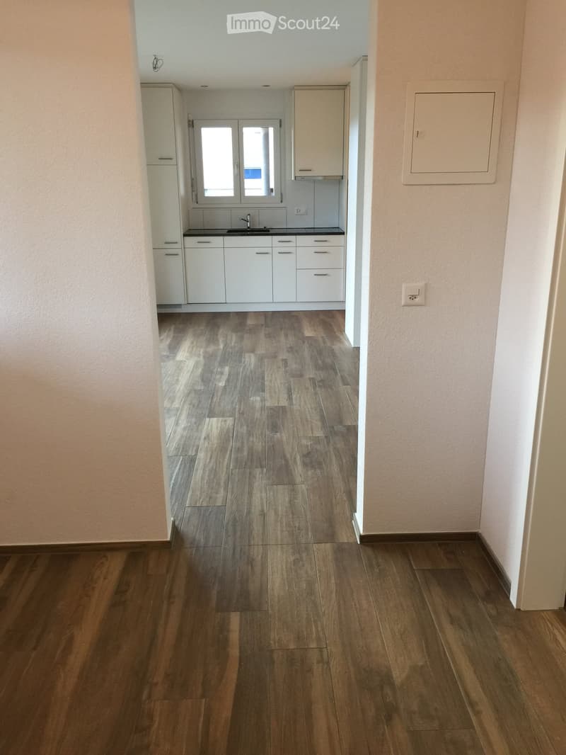 Empty hallway with wooden flooring and white walls, leading to a small kitchen area with white cabinets and a sink.