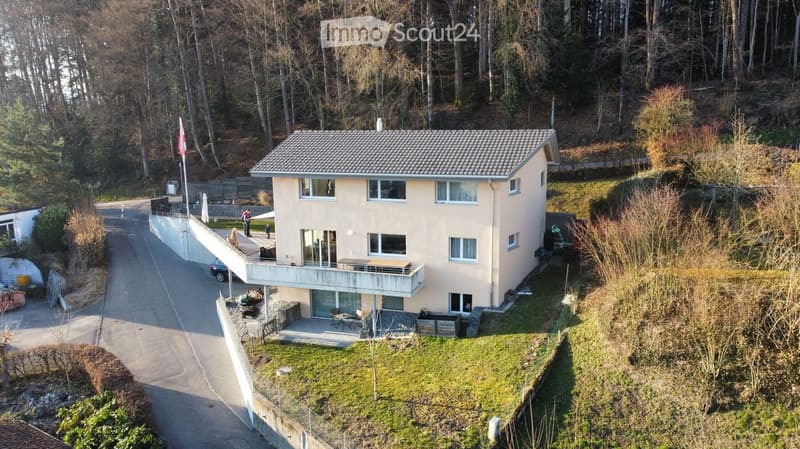 A two-story house with a gray roof and light-colored walls, situated on a raised ground floor with a driveway and a small garden area.