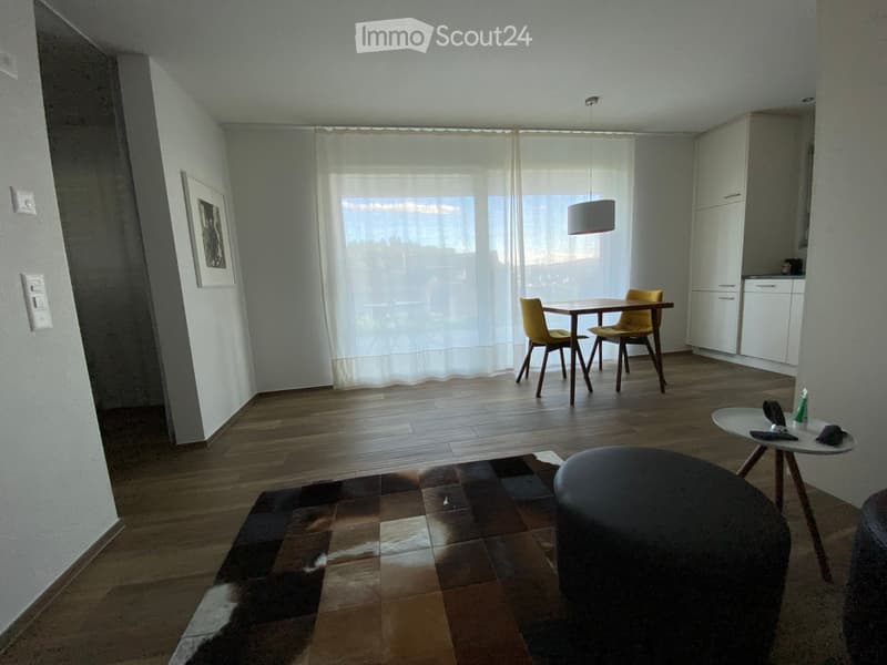 Modern living and dining area with wooden flooring, large windows with sheer curtains, a pendant light, a small round table with a stool, a dining table with chairs, and white cabinets.