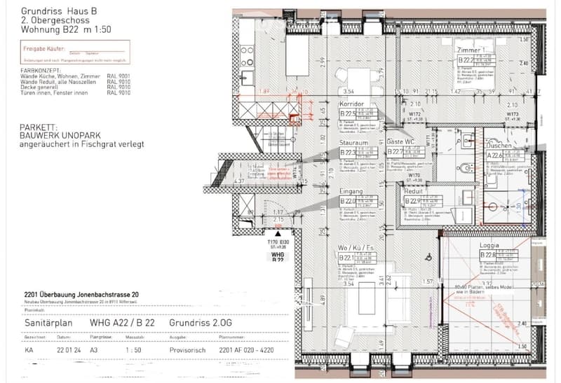 Floor plan of a second-floor apartment, showing rooms including living area, bedrooms, bathrooms, kitchen, hallway, and staircase.