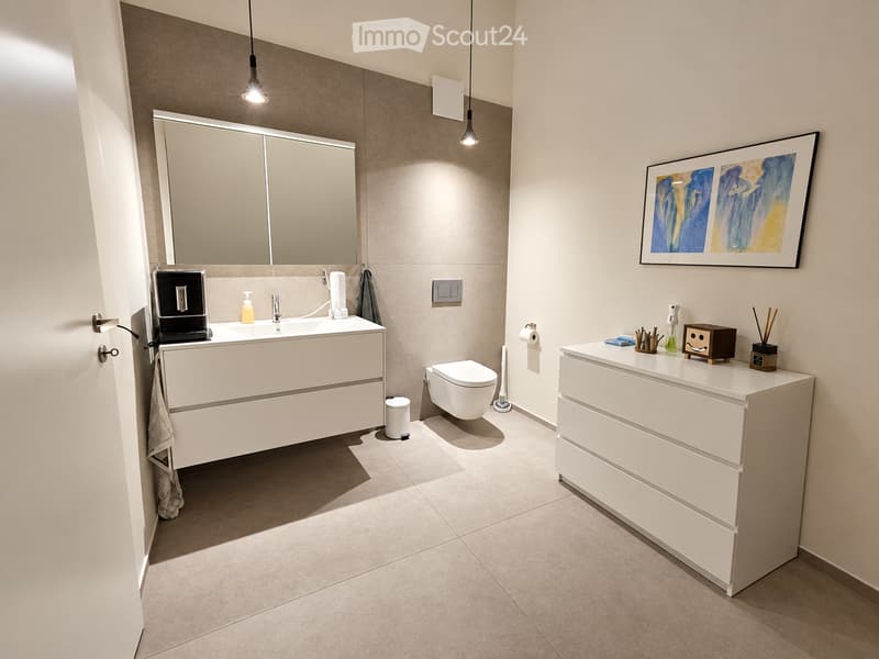 Modern bathroom with a large mirror, double sink vanity, toilet, and decorative items on the counter.