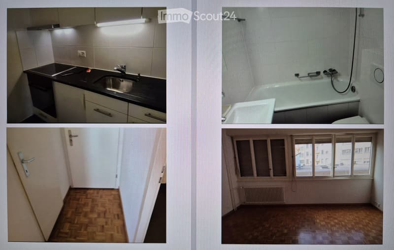 Four unfurnished rooms: a kitchen with cabinets and sink, a bathroom with a bathtub, and two living spaces with wooden flooring and large windows.