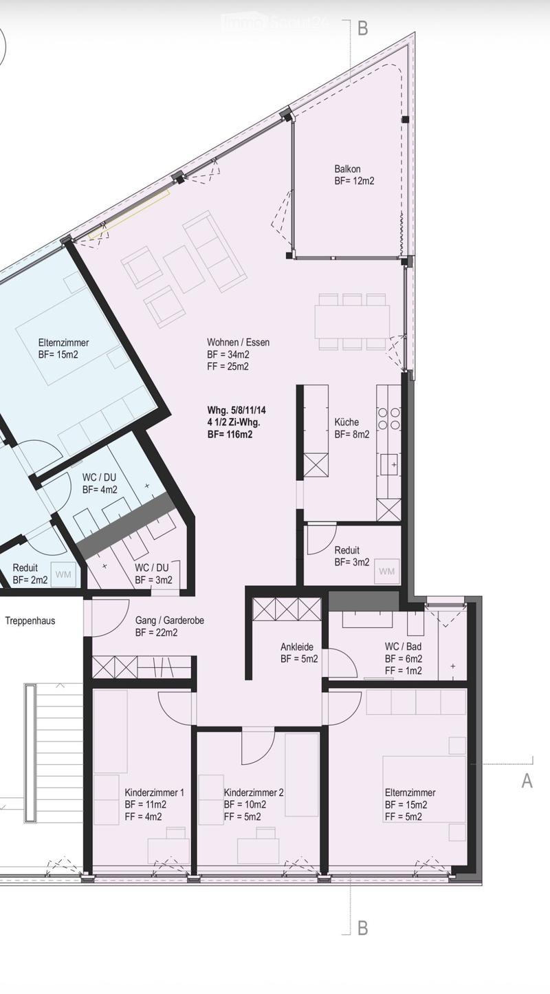 Floor plan of a 4.5-room apartment with living/dining area, kitchen, two bedrooms, two bathrooms, hallway, and balcony.