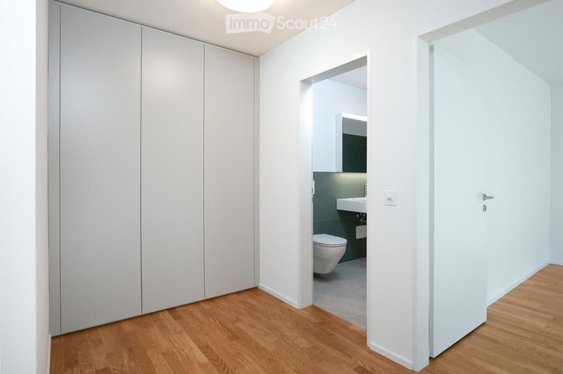 A modern hallway with light wooden flooring and white walls, leading to a small, modern bathroom with a toilet, sink, and mirror.