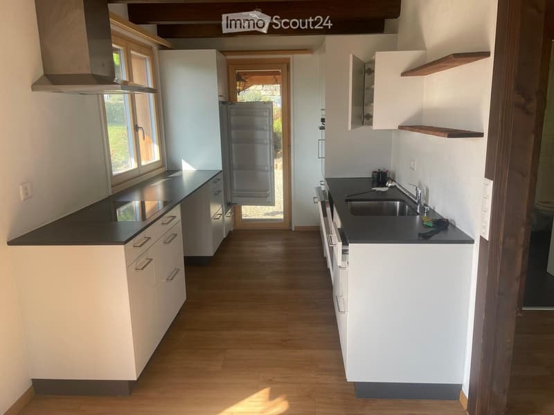 Modern kitchen with white cabinets, black countertops, stainless steel appliances, and wooden flooring.