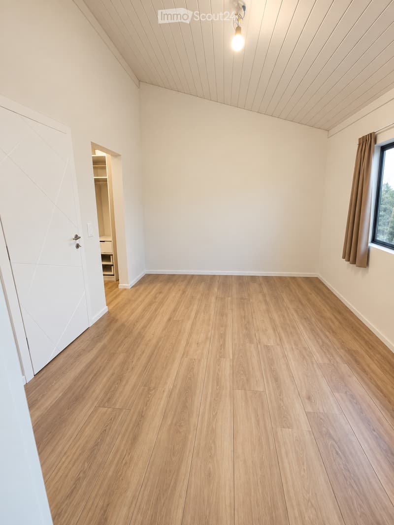 Empty room with light wooden flooring, white walls, and a large window with brown curtains. A closet with white doors is visible on the left side.