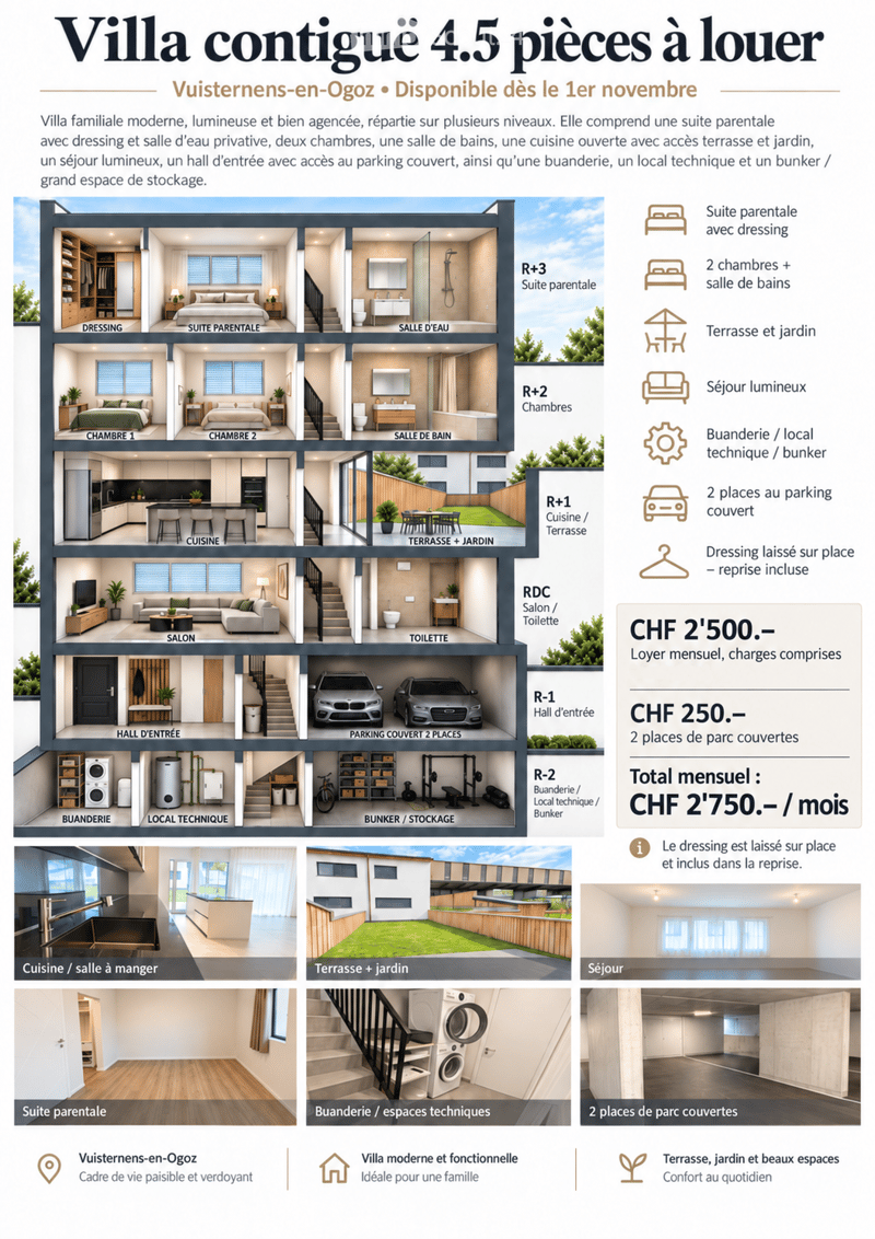 Floor plan of a 4.5-room villa with multiple levels, including a master suite, two bedrooms, a bathroom, an open kitchen, a bright living area, an entrance hall, covered parking, a laundry room, a technical room, and a storage/bunker area. Features includ
