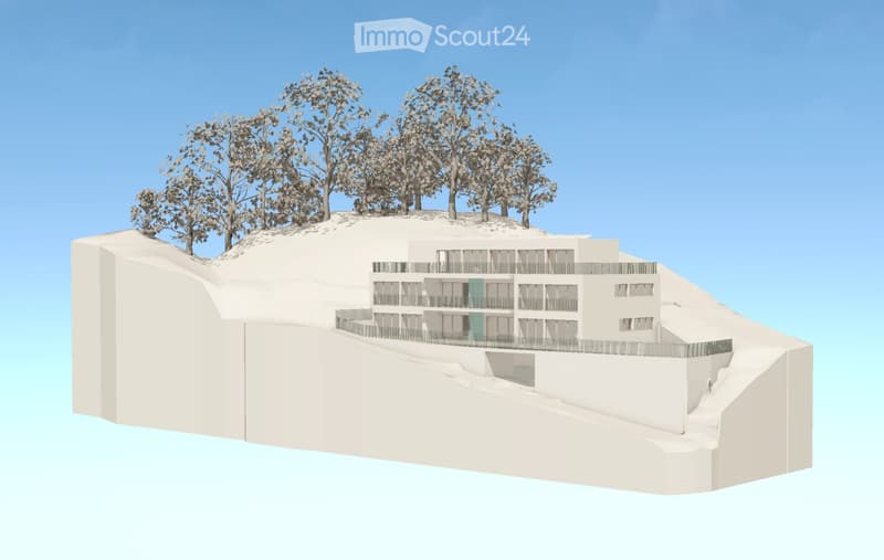 A modern, multi-story building with balconies and large windows, situated on a raised ground floor with a surrounding fence and trees on the roof.
