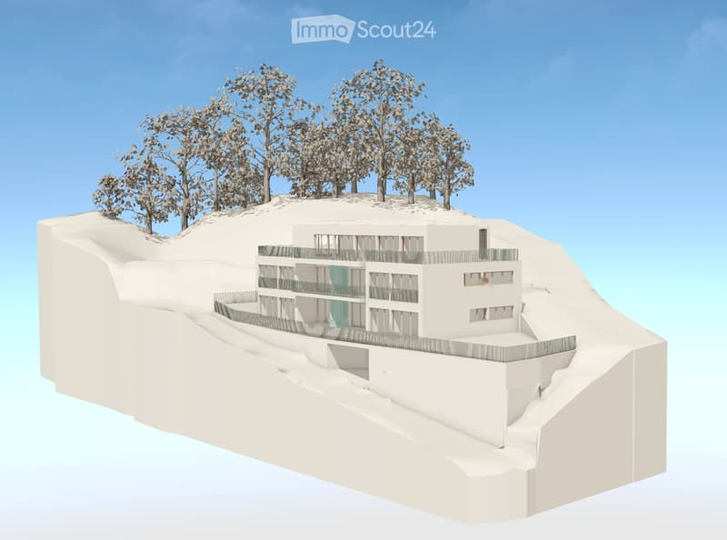 A modern white building with multiple levels, situated on a raised ground floor with a surrounding landscape and trees.