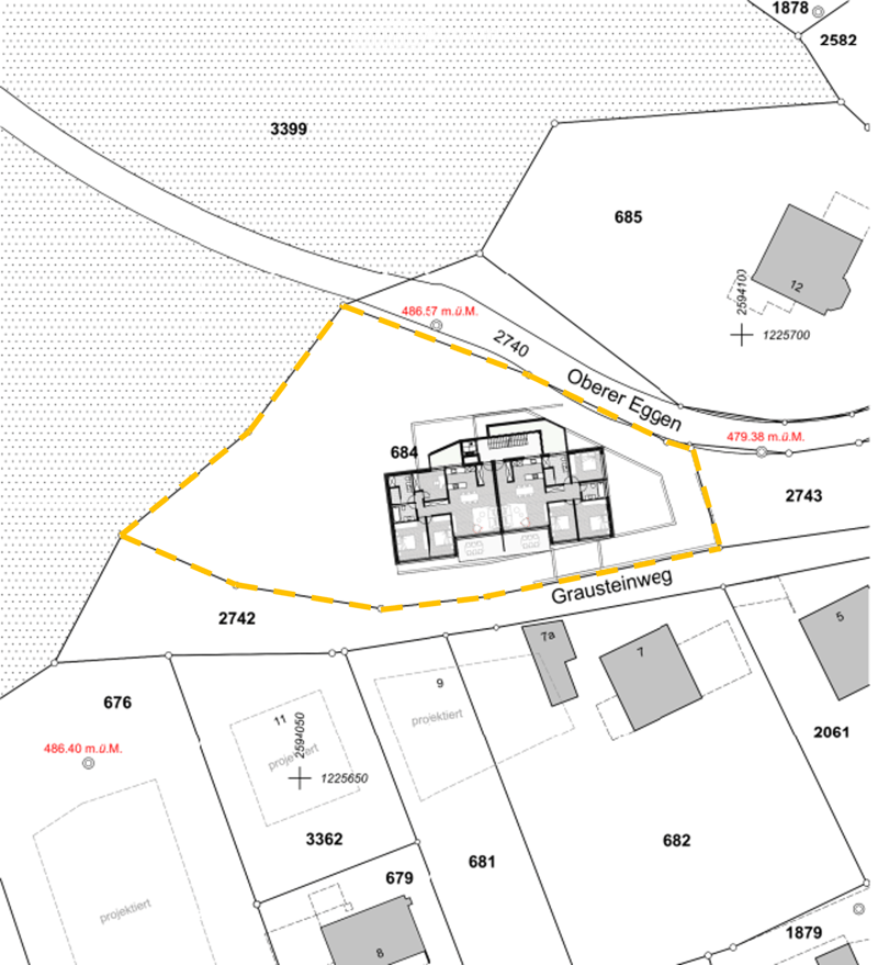 Floor plan showing a building layout with labeled rooms and surrounding property boundaries. Includes numbered sections and elevation details.