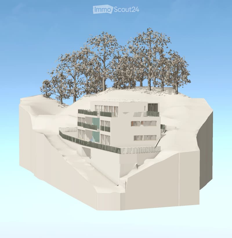 3D model of a modern white building partially embedded in a hillside, surrounded by trees, with multiple levels and balconies.