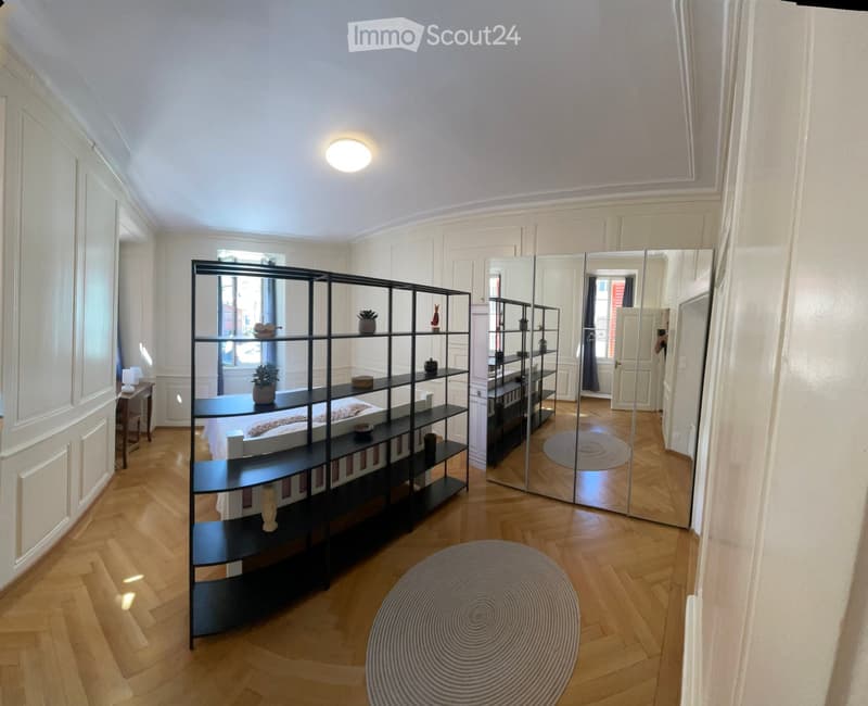 Modern furnished room with wooden flooring, large mirror, shelf with decorative items, round rug, and a bed visible in the background.
