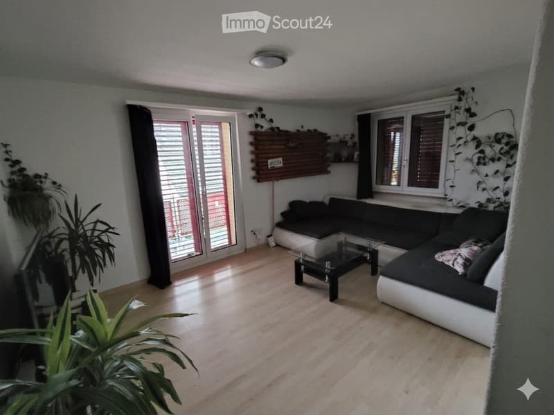 Modern living room with a dark sectional sofa, a glass coffee table, and a potted plant near the window. The room features light wooden flooring and large windows with blinds.