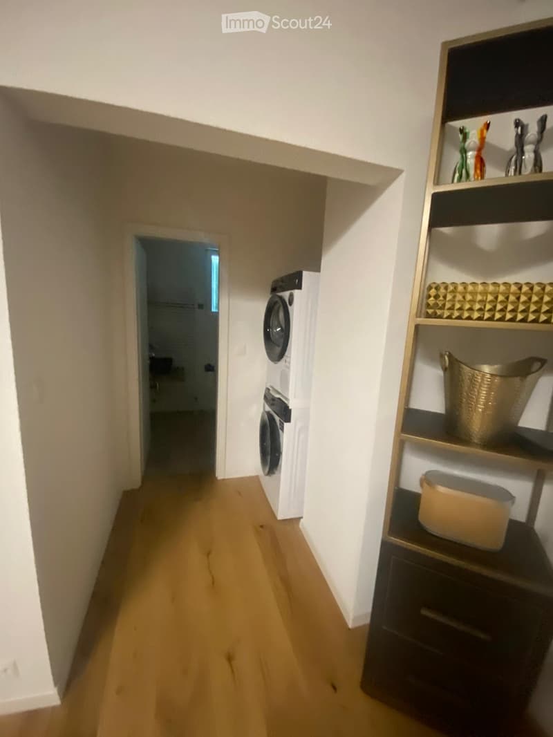 A narrow hallway with wooden flooring, white walls, and a built-in shelving unit on the right side. A washing machine is positioned against the wall, and the hallway leads to another room.