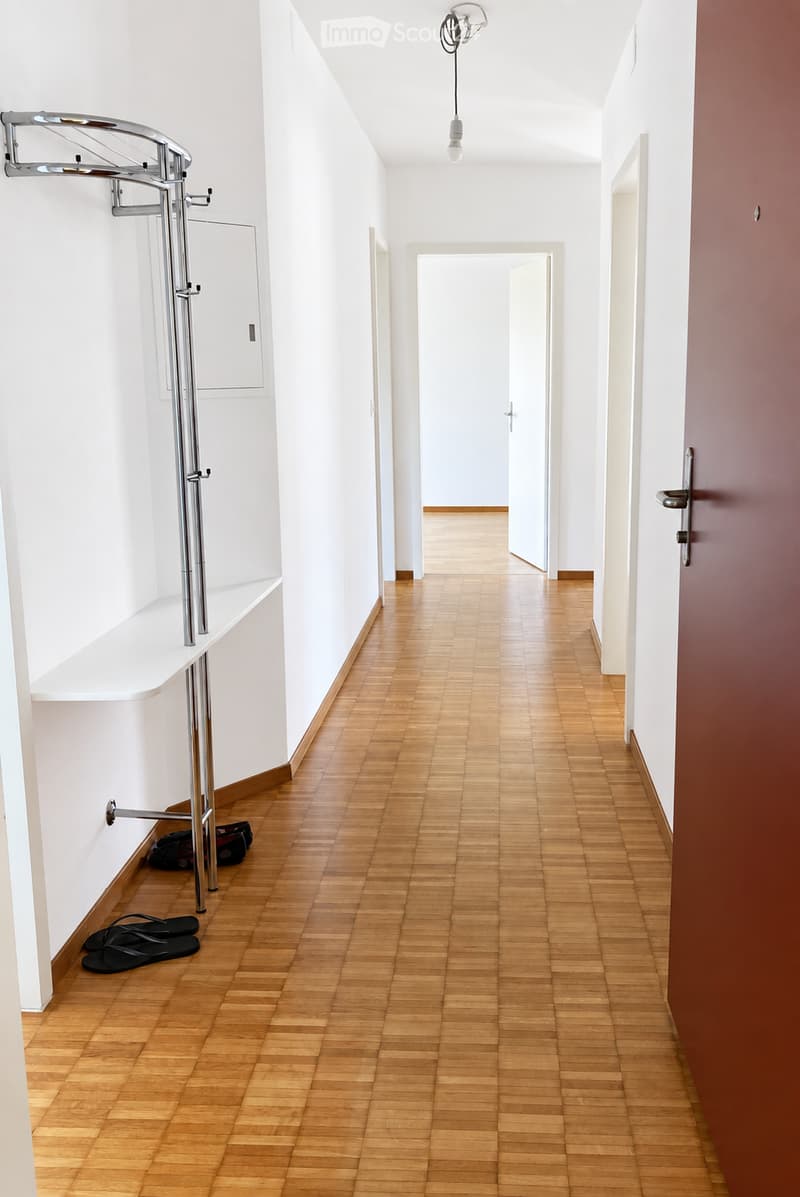 Empty hallway with wooden flooring, white walls, and a modern coat rack with shoes placed on the floor.