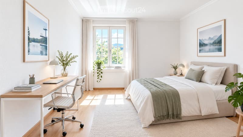 Bright, modern bedroom with a large bed, a desk with a chair, and two lamps on nightstands. The room features large windows with sheer curtains, a white rug, and two framed landscape pictures on the walls.