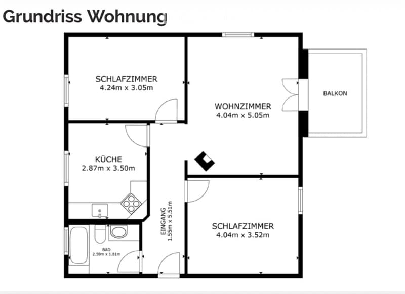 Floor plan of a 2-bedroom apartment with living room, kitchen, two bedrooms, bathroom, and balcony.