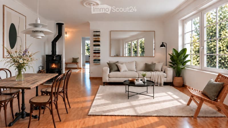 Bright living room with a fireplace, large windows, a sofa, coffee table, dining table, and chairs.